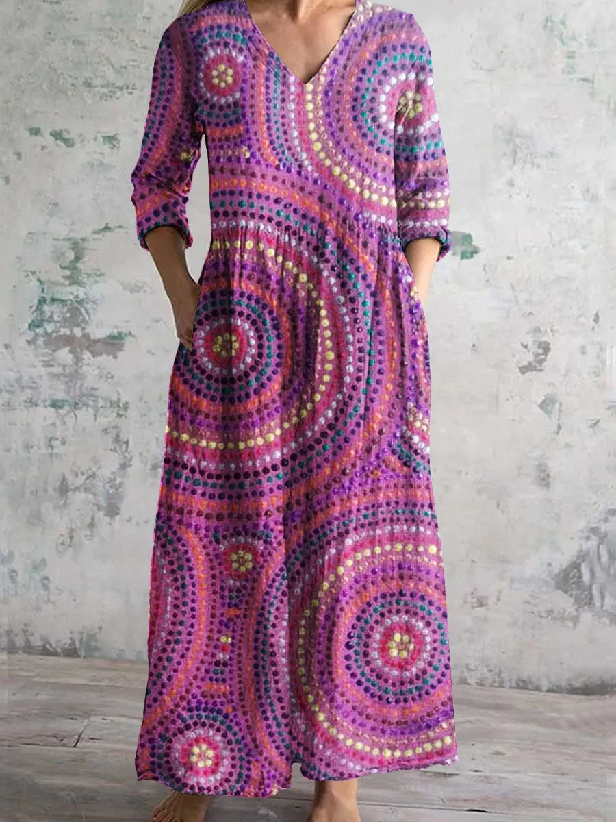 Damen V-Ausschnitt Elegante Exquisite Kunst Geometrisch Bemalte Langarmkleider