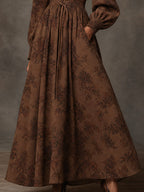 Brown Floral Lace-Up Bishop Sleeve Maxi Dress