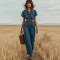 Women's Vintage Denim Elegance Cropped Pants Wide Leg Jumpsuit