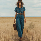 Women's Vintage Denim Elegance Cropped Pants Wide Leg Jumpsuit