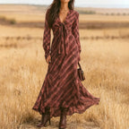 Women's Vintage Autumn/Winter Western Country  V-Neck Chiffon Plaid Print Dress