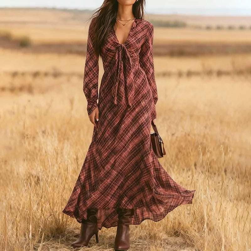 Women's Vintage Autumn/Winter Western Country  V-Neck Chiffon Plaid Print Dress