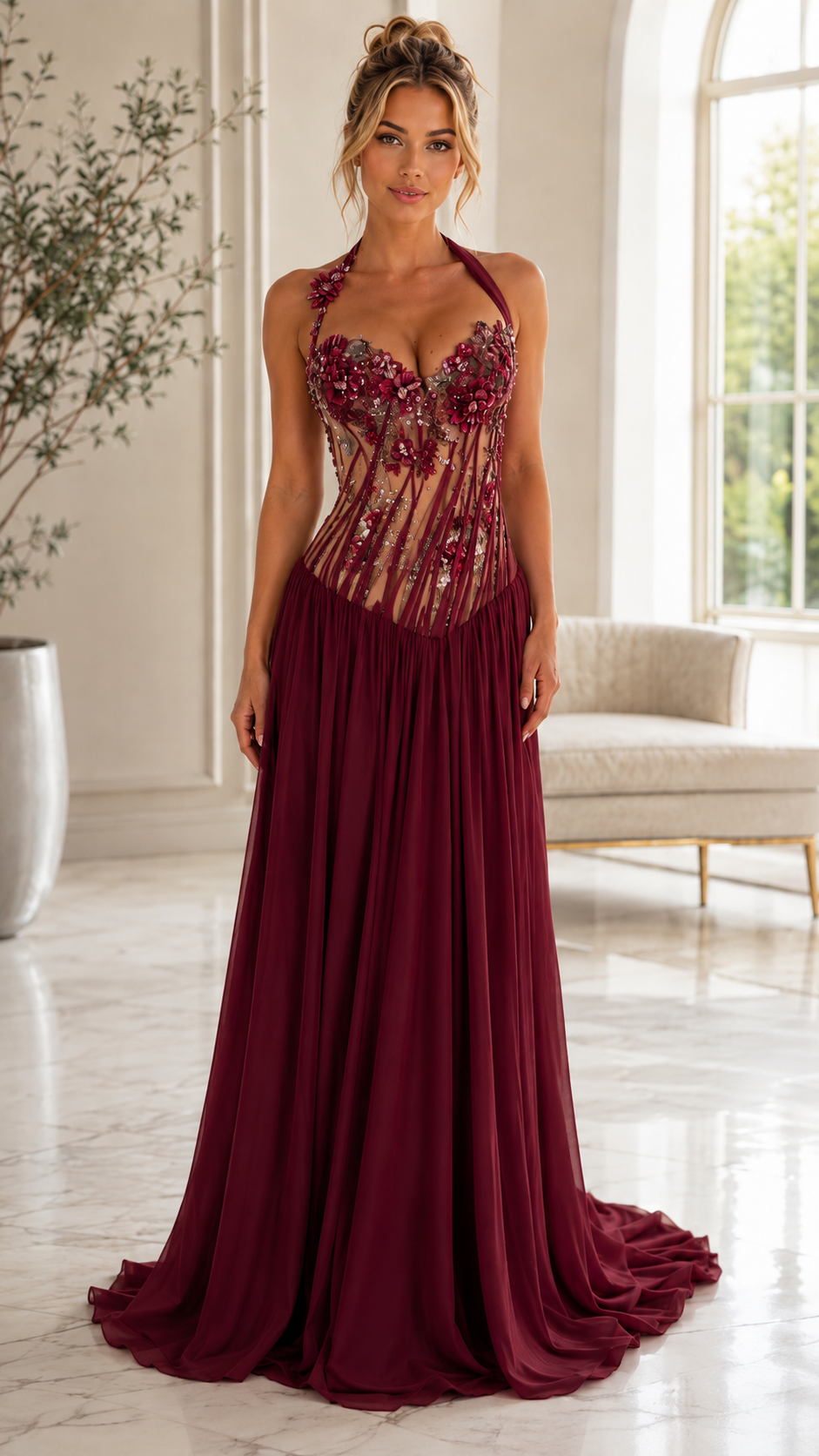 Floral Appliqué Halter Corset Evening Gown with Pleated Skirt