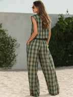 Casual Vacation Green Plaid Chiffon Print Sleeveless Shirt And Wide-leg Pants Set