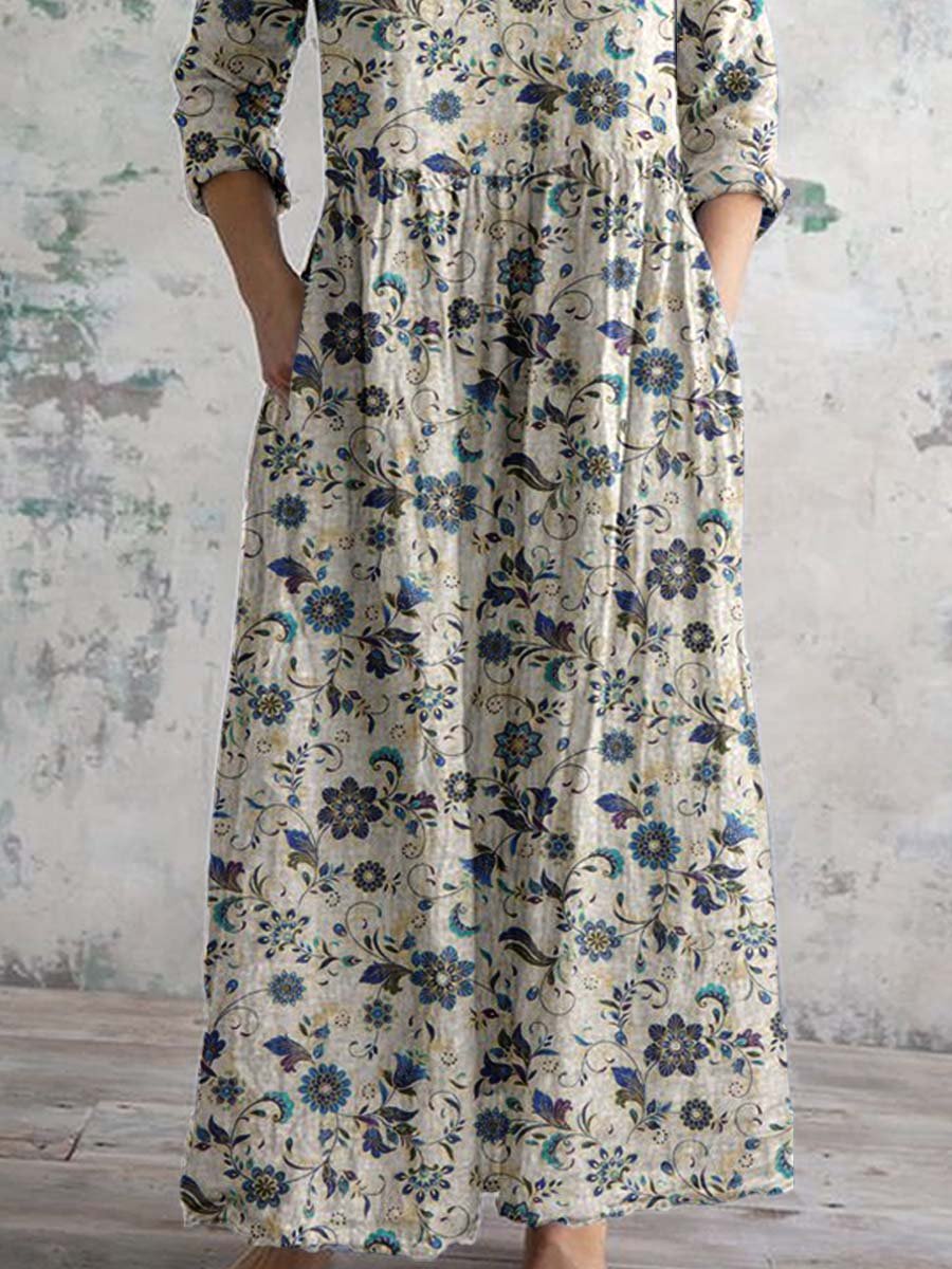 Schlichtes elegantes Damenkleid mit V-Ausschnitt, Blumenmuster, Baumwollstoff und Taschen