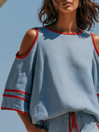 Vacation Short-sleeve Red-trimmed Blue Striped Cotton-linen Top And Shorts Set