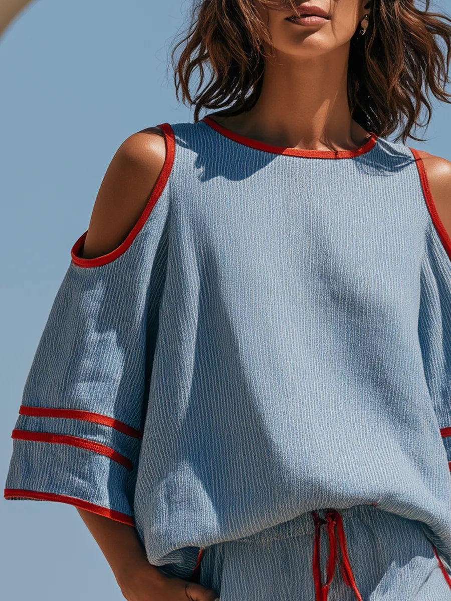 Vacation Short-sleeve Red-trimmed Blue Striped Cotton-linen Top And Shorts Set