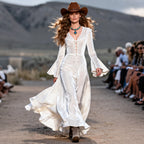 Women's Retro Lace V-Neck Lace-Up Trumpet Sleeve Long Dress