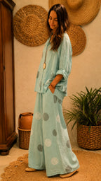 Washed Polka Dot Linen Blend Set - Oversized Button-Up Shirt & High-Waisted Wide Leg Pants Co-ord