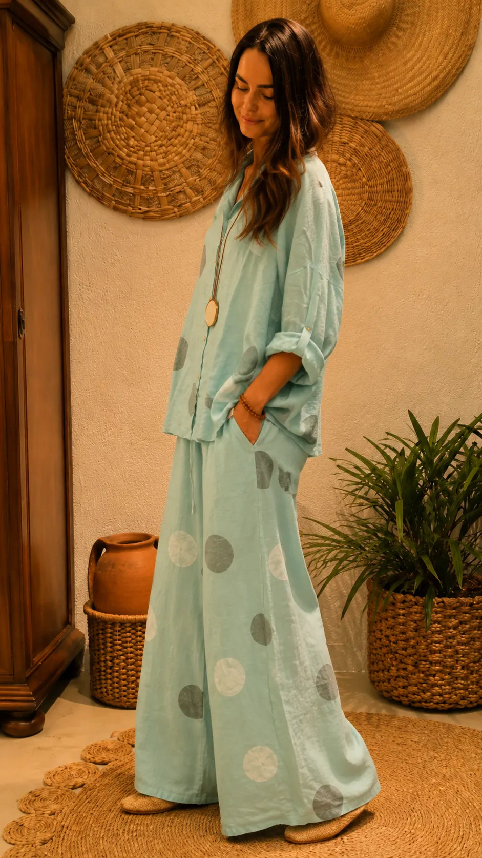 Washed Polka Dot Linen Blend Set - Oversized Button-Up Shirt & High-Waisted Wide Leg Pants Co-ord
