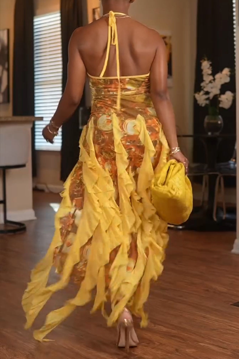 Women's Fashion Vacation Ruffle Decoration Print Maxi Dress