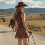 Coachella Outfit Western Retro Brown Faux Suede Zebra Print Sleeveless Mini Dress