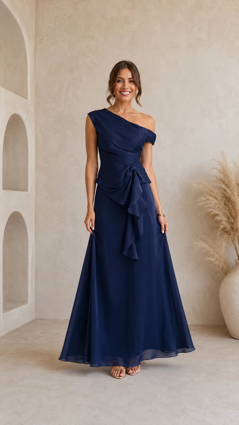One-Shoulder Ruffle Waist Maxi Evening Dress
