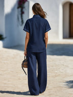 Resort-style V-neck Embroidered Short-sleeve Top And Trousers Set
