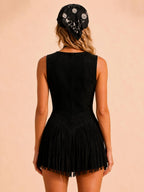 Desert Festival Dress — Black Faux Suede Gothic Western Skull Embroidered 2026 Spring Summer Romper with Fringe Mini Dress