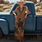 Spring Outfits Women's Vintage Boho Fringe Dress With Floral Embroidery