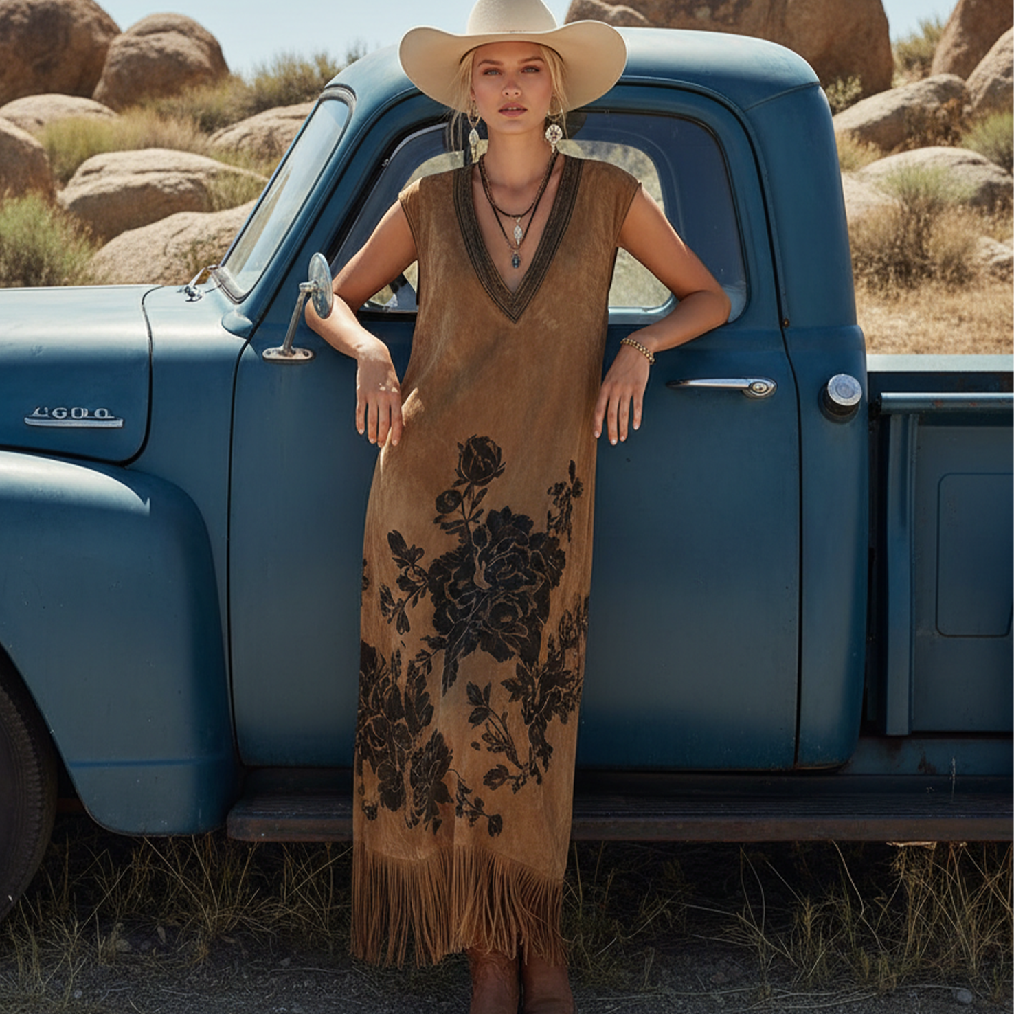Spring Outfits Women's Vintage Boho Fringe Dress With Floral Embroidery