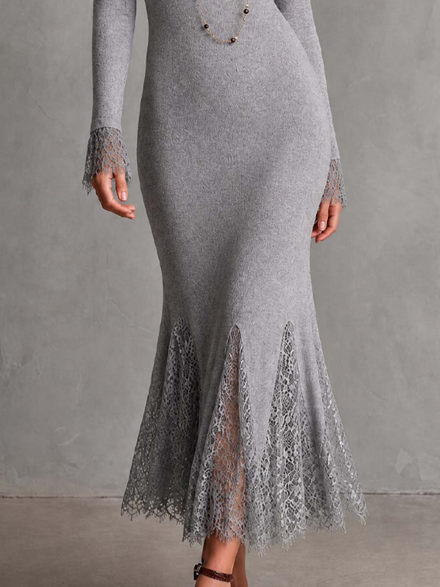 Elegant Long Sleeve Lace Cuff Ribbed Knit Lace Panel Mermaid Midi Dress