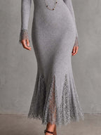 Elegant Long Sleeve Lace Cuff Ribbed Knit Lace Panel Mermaid Midi Dress