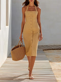 Desert Wander Camel Halter Neck Button Front Bodycon Midi Dress