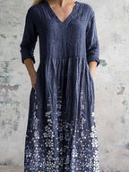 Women's Elegant Floral Pattern V-Neck Cotton Fabric Dress with Pockets