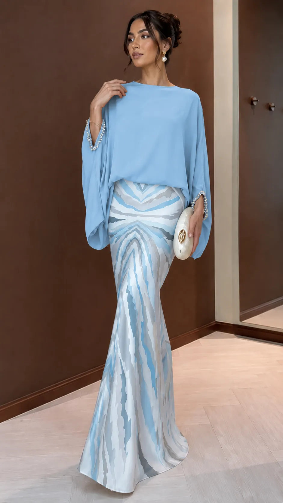 Boho Chic Color Block Maxi Dress - Oversized Top & Mermaid Printed Skirt Set with Bracelet Sleeves