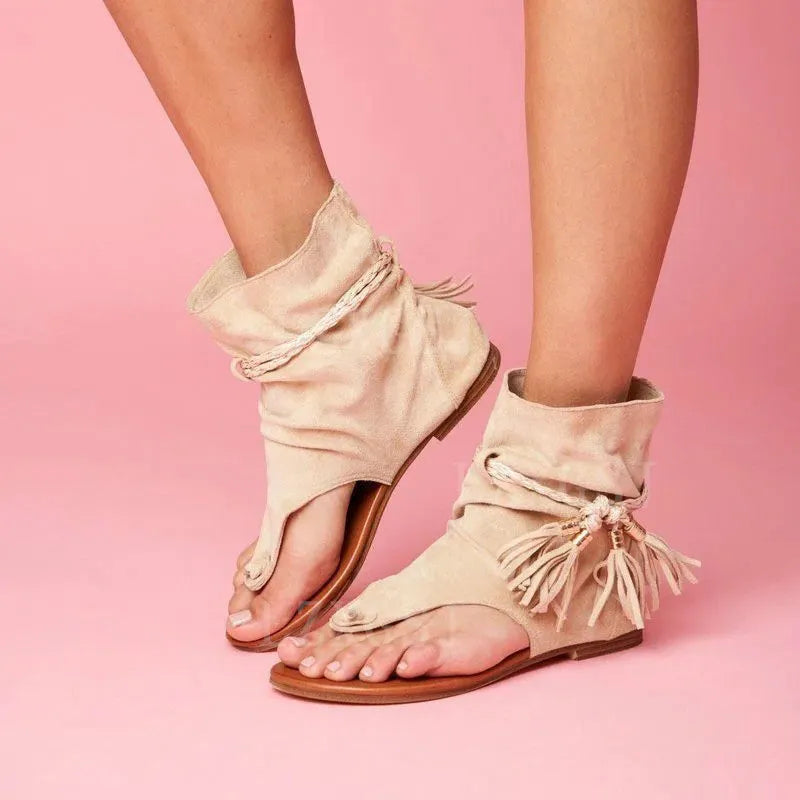 Women's High-top Western Cowgirl Outfit Retro Flat-bottom Tassel Clip-toe Slip-on Sandals