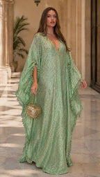 Sequin Evening Gown with Dramatic Ruffled Cape Sleeves - Deep V-Neck Mermaid Maxi Dress