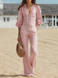 Resort-style V-neck Top With Three-quarter Sleeves And Trousers Set