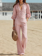 Resort-style V-neck Top With Three-quarter Sleeves And Trousers Set