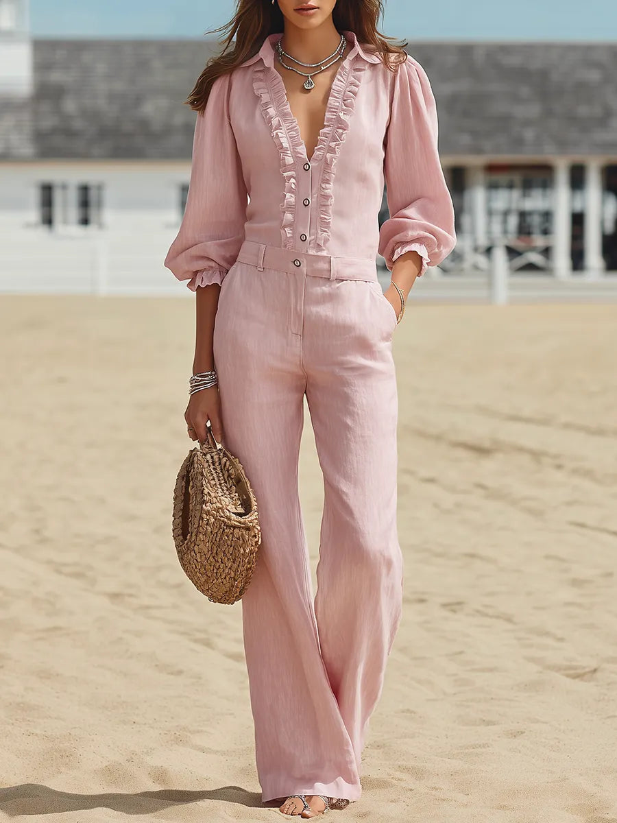 Resort-style V-neck Top With Three-quarter Sleeves And Trousers Set