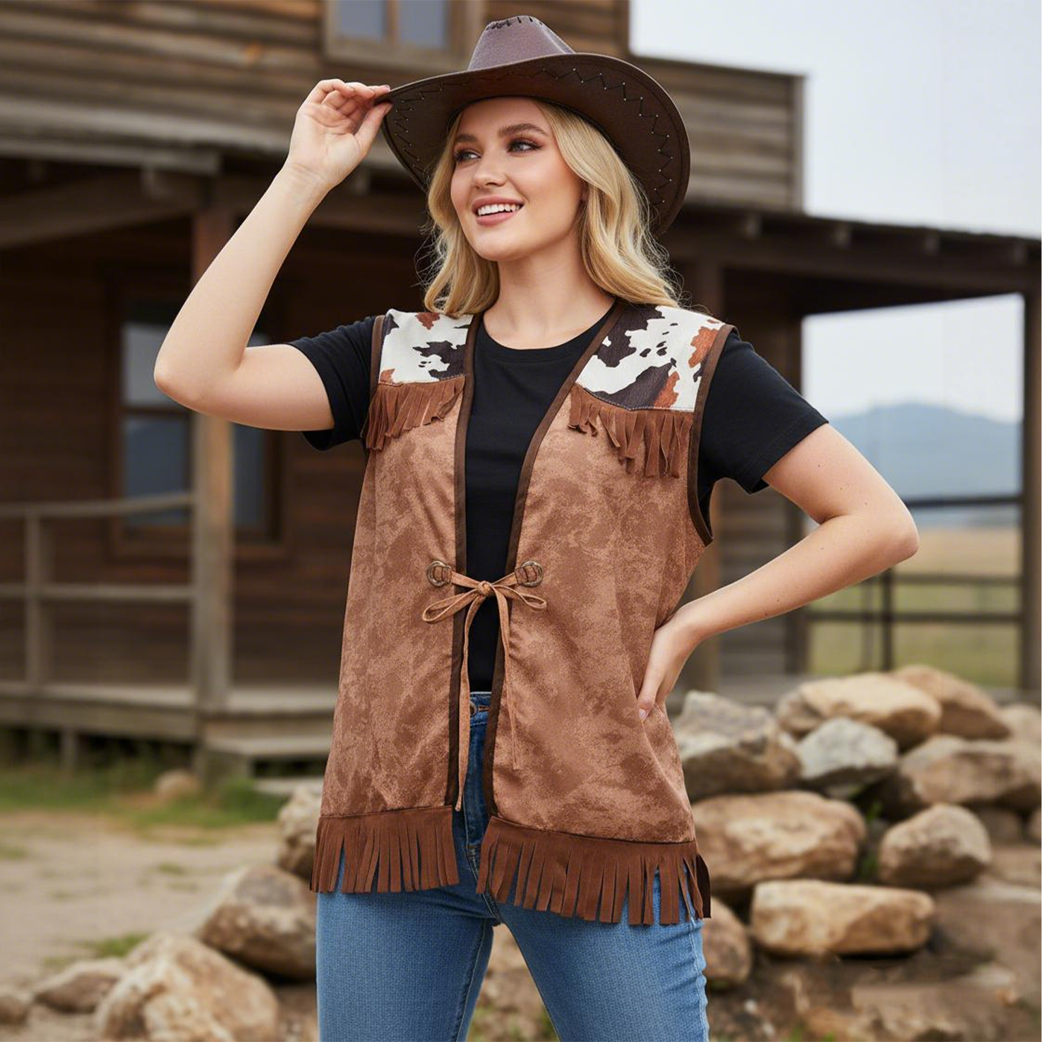 Women's Vintage Western Style Fringed Vest With Cow Print Collar