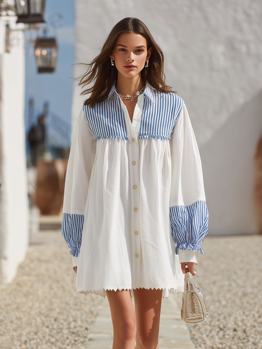 Resort-style Shirt Collar Long-sleeved Striped Mini Dress