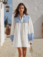 Resort-style Shirt Collar Long-sleeved Striped Mini Dress