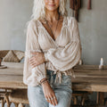 Women's Elegant Loose Comfortable Breathable Pleated Linen V-neck Long-sleeved Top