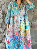 Damen Elegantes Hemdblusenkleid aus Baumwolle und Leinen mit Blumenmuster