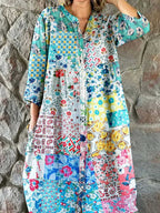 Damen Elegantes Hemdblusenkleid aus Baumwolle und Leinen mit Blumenmuster