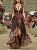 Boho Floral Print Maxi Dress With Embroidered Roses And Asymmetrical Hem In Cotton Blend Fabric