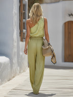Bohemian Style Green Polka Dot Satin One-Shoulder Top & Wide-Leg Pants Set