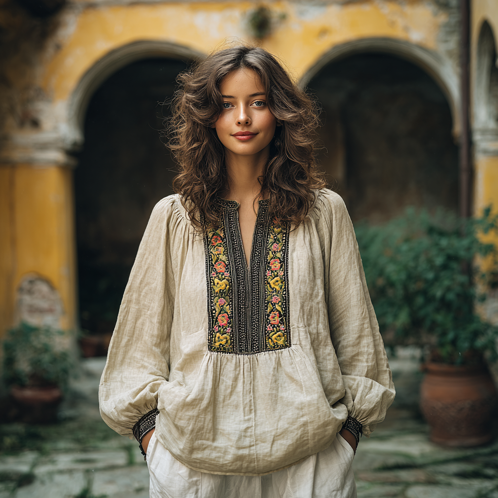 Bohemian Women's Linen Print Casual Long Sleeve Top