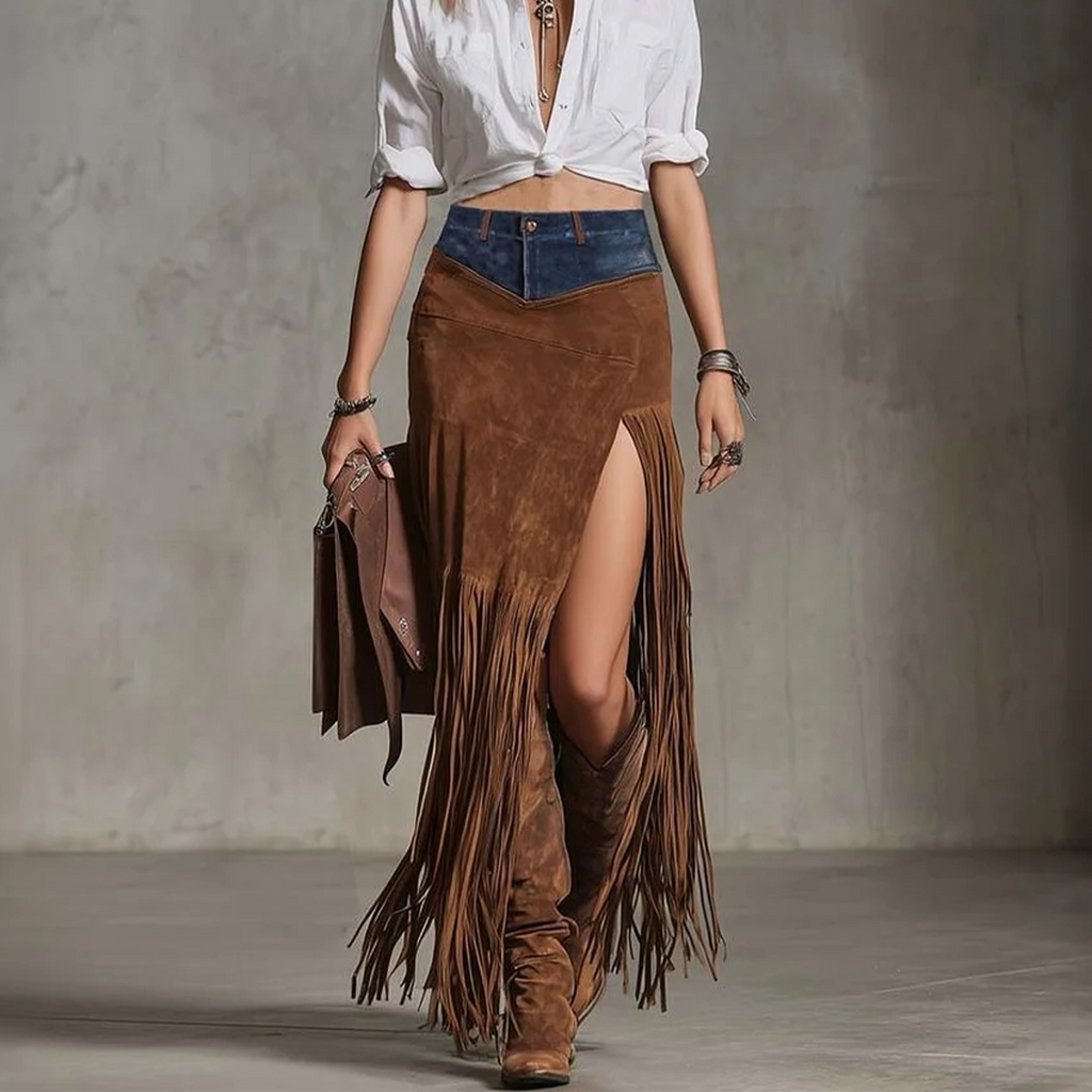 Western Cowgirl Outfits Women's Vintage Western Fringe Skirt Patchwork Denim Waistband