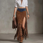 Western Cowgirl Outfits Women's Vintage Western Fringe Skirt Patchwork Denim Waistband