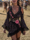 Floral Print Chiffon Off-Shoulder Boho Dress With Lace Trim And Rose Applique