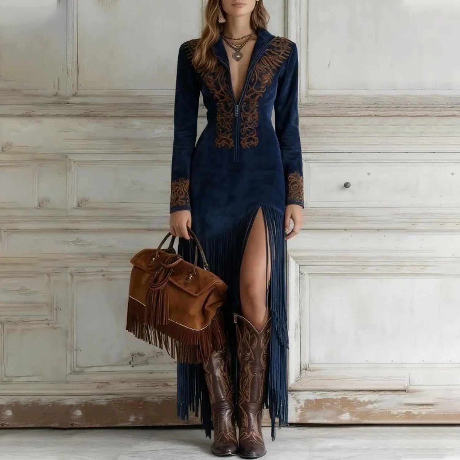 Women's Western Cowboy Style Retro Ethnic Fringe Floral Zipper Dress