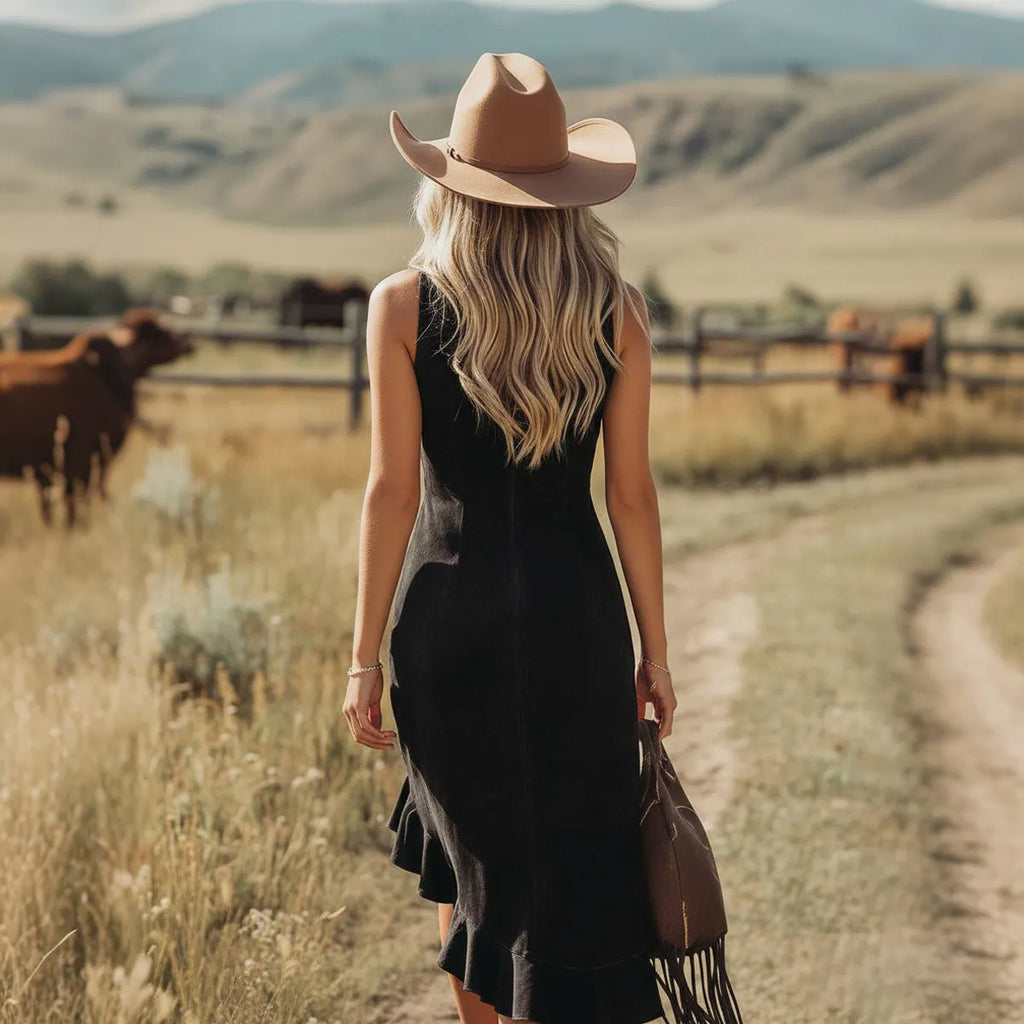 Spring Concert Outfit Western-style V-neck Embroidered Irregular Ruffled Faux Suede Sleeveless Midi Dress