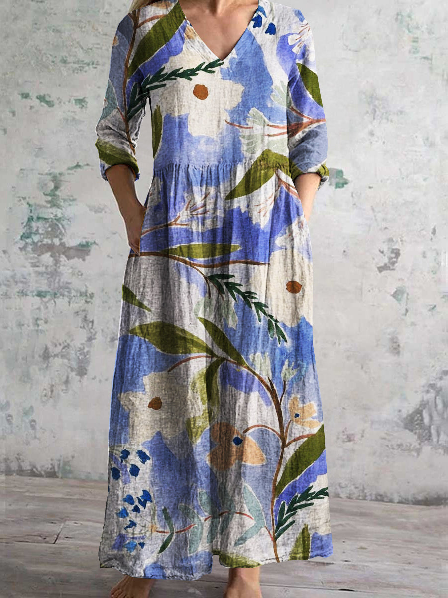 Damen V-Ausschnitt Elegantes florales zweifarbiges Baumwollleinenkleid