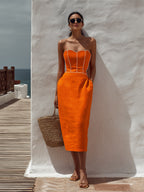 Retro Style Orange White Contrast Strapless Corset Midi Dress