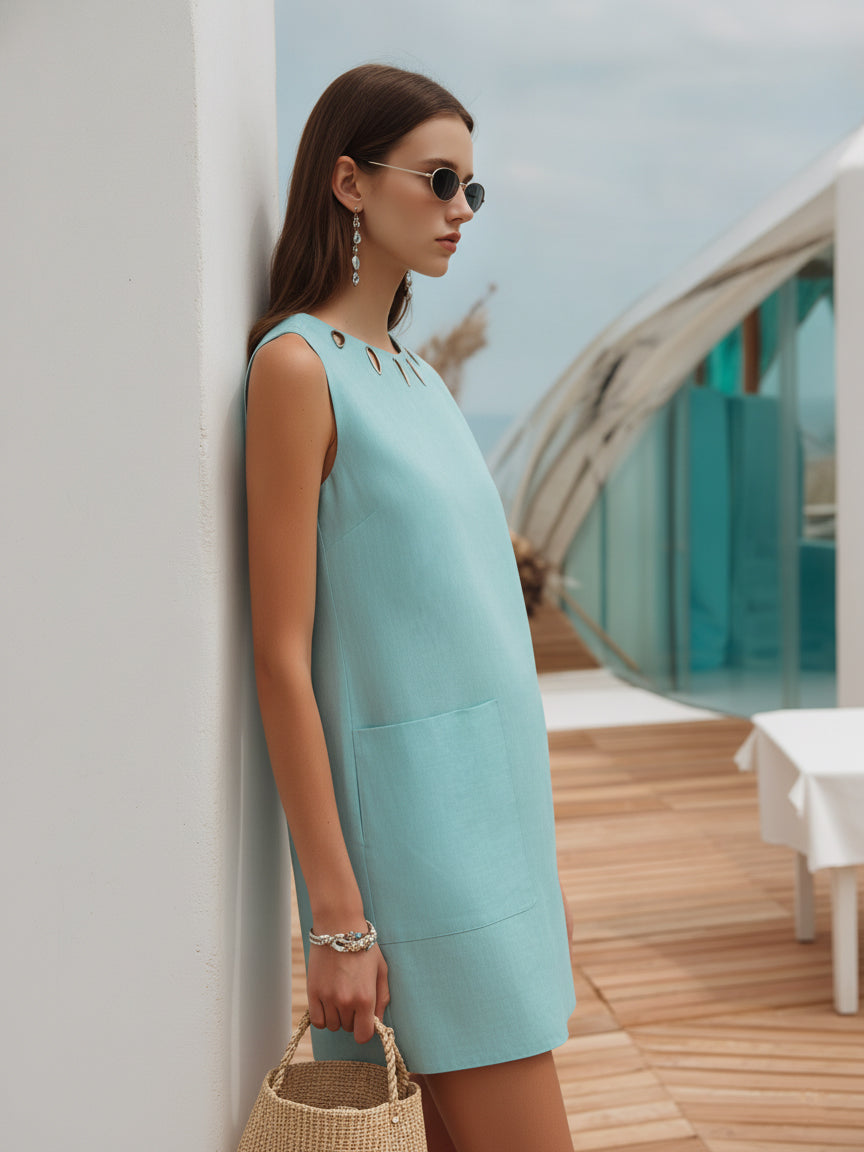 Minimalist Style Turquoise Cutout-Neck Sleeveless Shift Dress