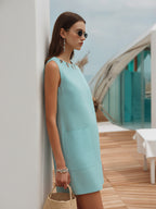 Minimalist Style Turquoise Cutout-Neck Sleeveless Shift Dress