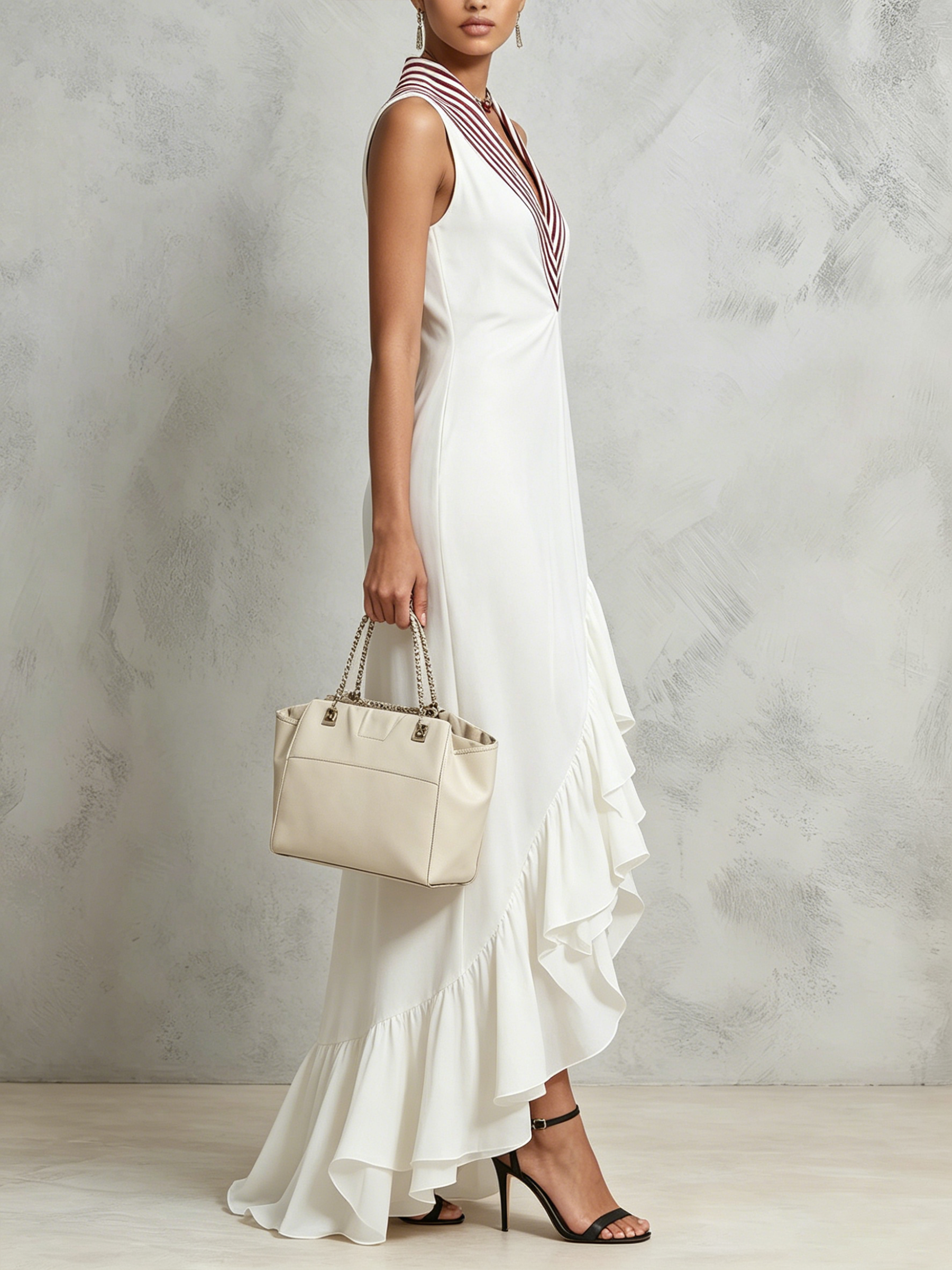 Striped Collar V-Neck Ruffled Asymmetrical Maxi Dress